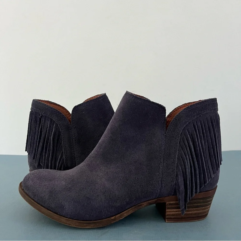 Lucky Brand Benji Blue Suede Fringe‎ Western Ankle Booties